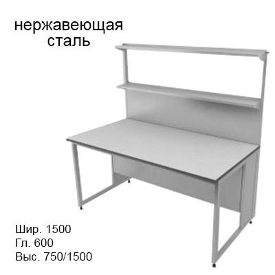 Физический пристенный лабораторный стол 1500x600x750/1500, металлические полки, NL, нержавеющая сталь