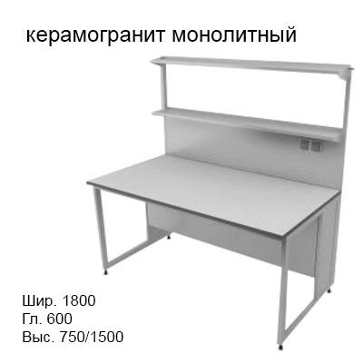 Физический пристенный лабораторный стол 1800x600x750/1500, металлические полки, розетки, NL, керамогранит монолитный