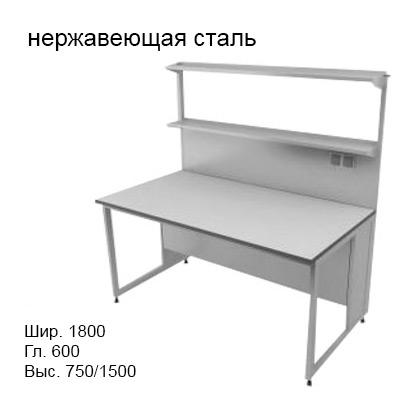 Физический пристенный лабораторный стол 1800x600x750/1500, металлические полки, розетки, NL, нержавеющая сталь