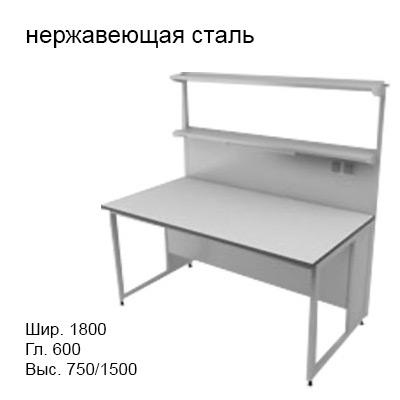 Физический пристенный лабораторный стол 1800x600x750/1500, металлические полки, розетки, светильник, NL, нержавеющая сталь