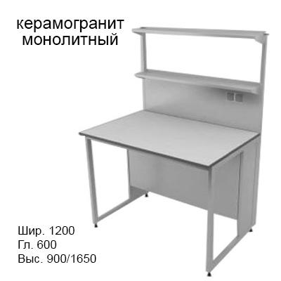 Химический пристенный лабораторный стол 1200x600x900/1650, металлические полки, розетки, NL, керамогранит монолитный