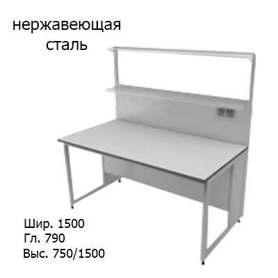 Физический пристенный лабораторный стол 1500x790x750/1500, стеклянные полки, розетки, NL, нержавеющая сталь