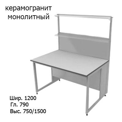 Физический пристенный лабораторный стол 1200x790x750/1500, стеклянные полки, NL, керамогранит монолитный