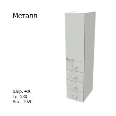 Шкаф лабораторный материальный 400x580x1920, NS, дверь: право / металл, четыре ящика металл