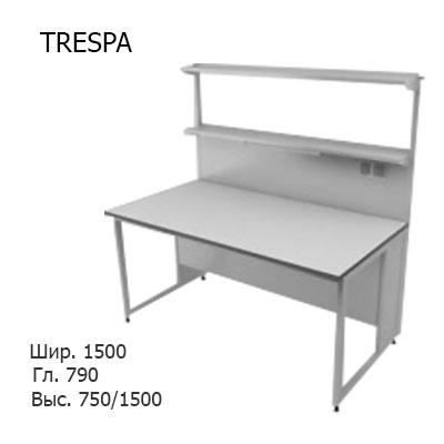 Физический пристенный лабораторный стол 1500x790x750/1500, металлическая полка, розетки, светильник, NL, TRESPA